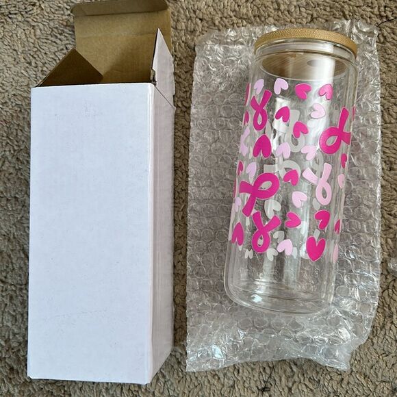 NIB Pink Breast Cancer Awareness Glass Tumbler with Bamboo Lid - Picture 2 of 2